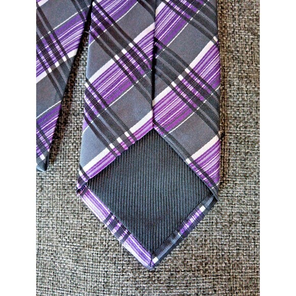 Tie 70s 80s 90s Y2K Mens Geoffrey Beane Silk Gray Purple Plaid 3.5 Wide 58 Long - Picture 3 of 6